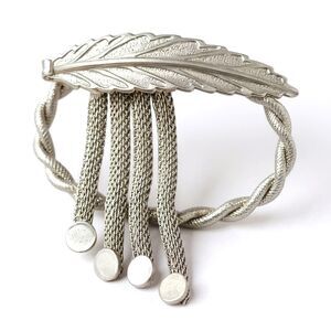 Vintage Leaf Brooch Silver Tone Chain Tassel Pin